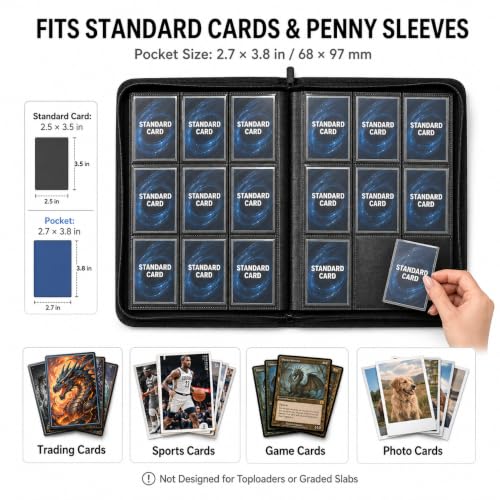 Black 9-Pocket Trading Card Binder for TCG & Sports Cards - 360 Slots, Zipper Closure