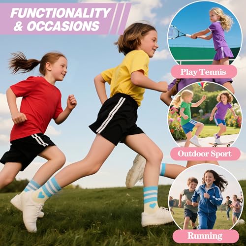 Kids Girls Athletic Sport Socks 9-15 Years Heart Design 6 Pairs Breathable Cotton Crew Socks