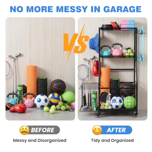 DYWJFR Black 3-Tier Rolling Sports Equipment Organizer with Wheels