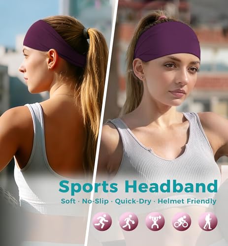 Moisture Wicking Headbands for Men & Women 5-Pack - Black, White, Silver, Purple, Coral