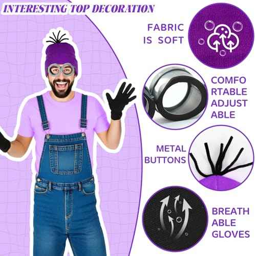 4 Pcs Halloween Costume Accessories Adult, Yellow/Purple Beanie Goggles Gloves Suspenders Halloween Costume Accessories Set