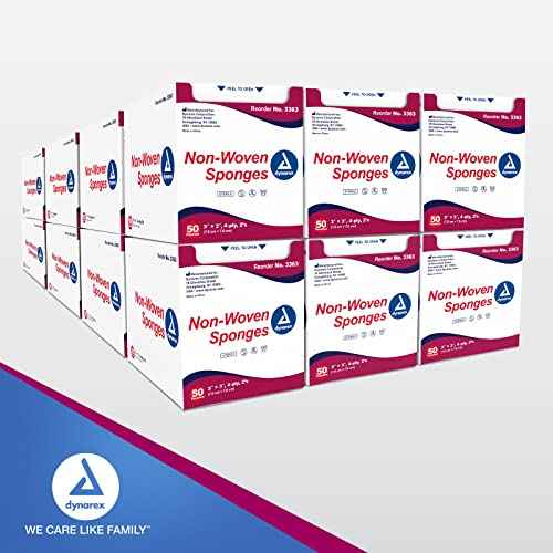 Dynarex Non-Woven Sponges, Sterile, Gauze Sponges, for Cleansing, Prepping and Dressing, Highly-Absorbent and with Less Linting, 3"x 3", 4 Ply, 1 Case of 1200 Non-Woven Sponges (24 Boxes of 50)