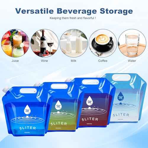 Water Container Bags, 4 Packs BPA Free No-Leak Foldable Plastic 1.3 Gallon Water Container Bag for Camping Hiking Backpack Emergency Storage Jug