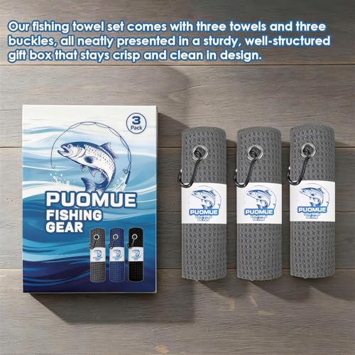 Grey 16x16 Microfiber Fishing Towels with Clip - Waffle Pattern 3 Pack