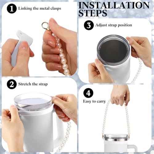 2 Pcs Silicone Water Bottle Handle Holder with Pearl Strap Compatible with Stanley Cup Accessories Sling Water Bottle Carrier Holde Fits Most 8-40 oz Tumbler Gift for Woman