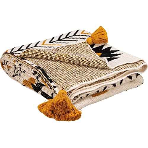 Primitives by Kathy Decorative Cotton Throw Blanket - Saffron & Black Aztec Design 50x60