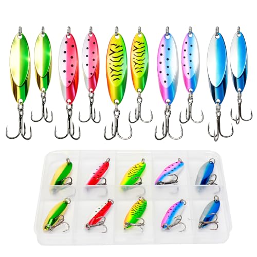10pcs Fishing Spoons Lures Kit for Trout Bass Walleye - 2 Sizes