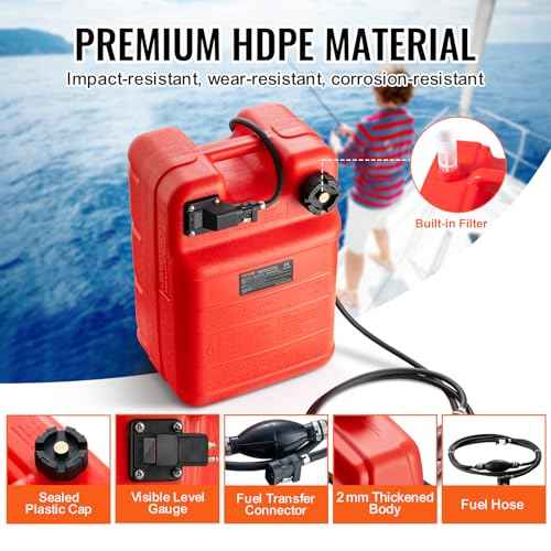 VEVOR Marine Tank, 6.34-Gallon/24-L Portable Tank with 9.8ft Hose, Gauge for Outboard Engine, Yacht, Fishing, Deck Boat, Red