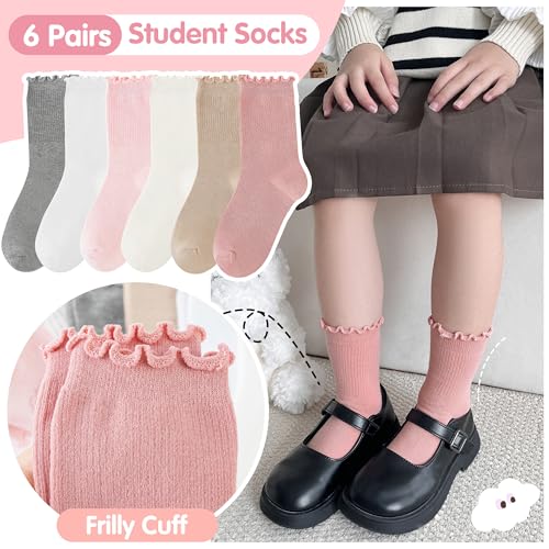 Kids Girls Ruffle Socks 6 Pairs Uniform School Dress Frilly Cotton Crew Pink/Light Pink/White/Off White/Khaki/Grey 5-8 Years