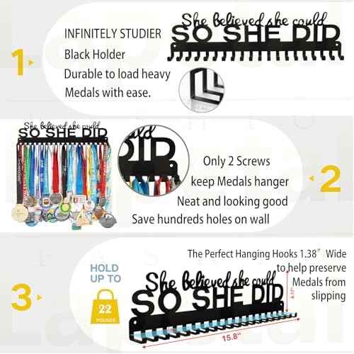 Sports Medal Hanger Display Holder Hook Rack for 60 Medals-16 Wide with 20 Hooks-Black-Easy Use Awesome Gifts