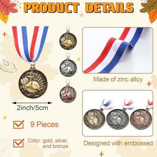 Thanksgiving Medals Turkey Medals with Neck Ribbons 2 Inch Turkey Trot Awards for Thanksgiving Prizes Turkey Racing Medals Fall Holiday Party Supply