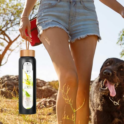 Aqulea 32oz Glass Water Bottle with Silicone Sleeve - Black, Wide Mouth, Infuser, Leak-Proof