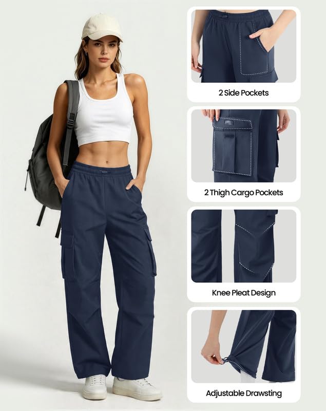 Women's Cargo Pants High Waisted Baggy Parachute Hiking Pants - Medium Navy Blue