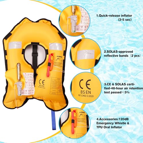 Inflatable Life Jacket for Adults - Lightweight Auto-Inflatable PFD, Black - Supports Up to 300 lbs