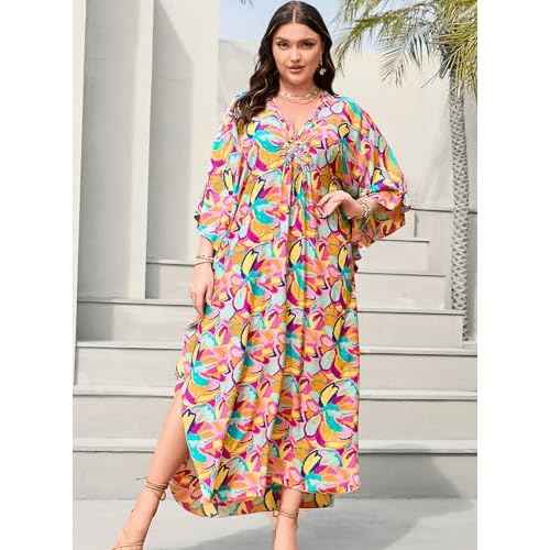 Women's Plus Size Tropical Kaftan Dress V-Neck Batwing Sleeve Beach Cover Up for Swimsuit Vacation Caftan Dress