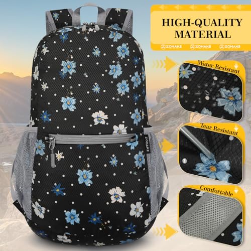 20L Foldable Travel Backpack - Packable Lightweight Day Pack with Water-Resistant Nylon - Black White Dot Floral