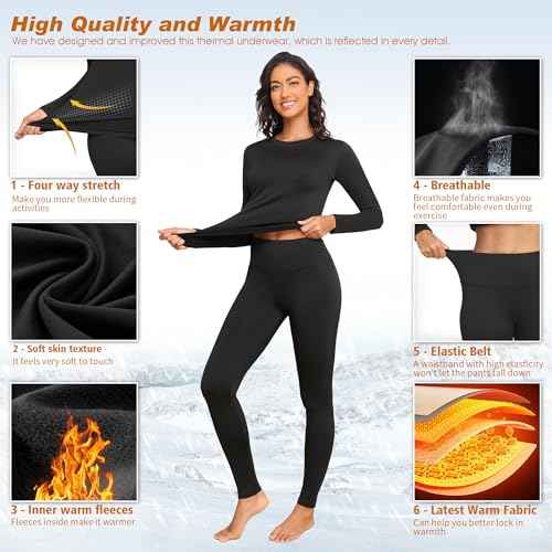 Thermal Underwear for Women Long Johns Set Fleece Lined Warm Base Layer Long Sleeve for Weather Top Bottom Winter