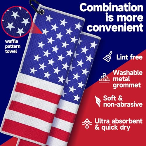 American Flag Waffle Golf Towel Set - Microfiber, Fast Drying, 23.6 x 15.7 Inches - 2 Pack - Great Golf Gift for Men and Women