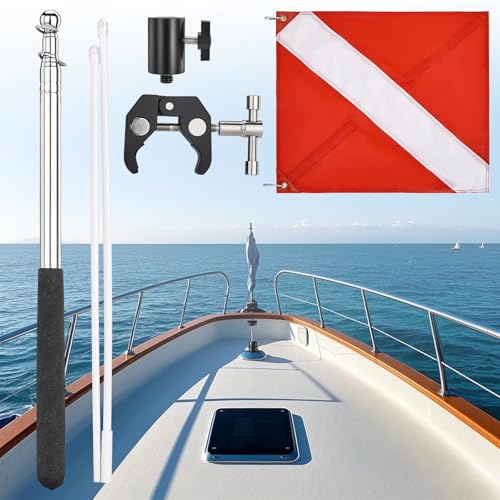 Diving Flag with Adjustable Telescopic Flag Pole - Red & White with Alligator Clip - Fits 0.6-2 Inch Round & Square Rails - Variation: Red White / Diving Flag with Alligator Clip