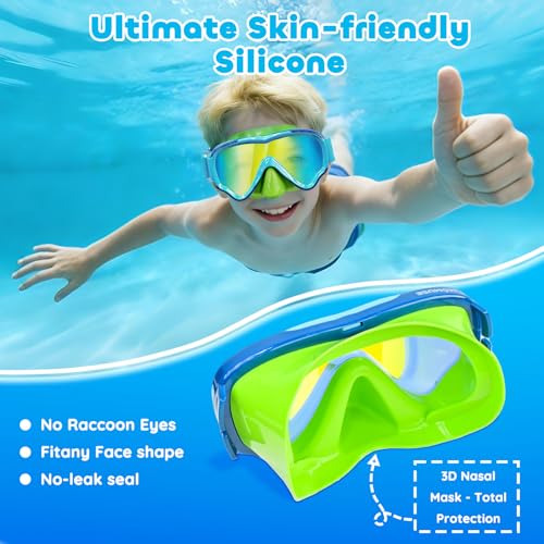 Kids Swim Goggles with Soft Fabric Strap & 3D No-Leak Nose Cover - Blue+Green