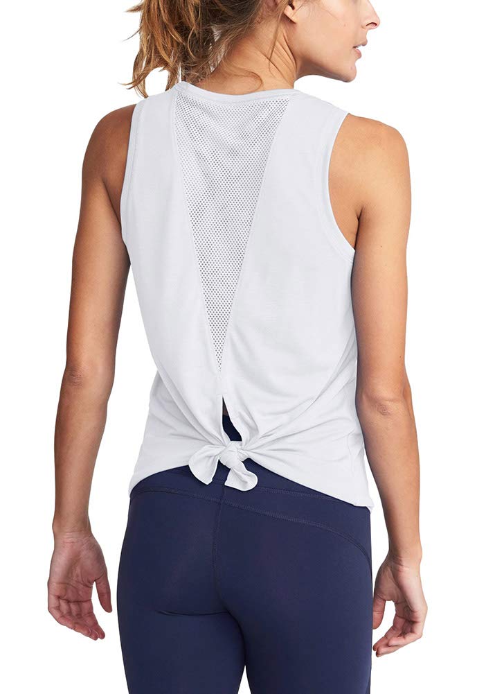 Bestisun White Medium Mesh Back Athletic Tank Top for Yoga & Workout
