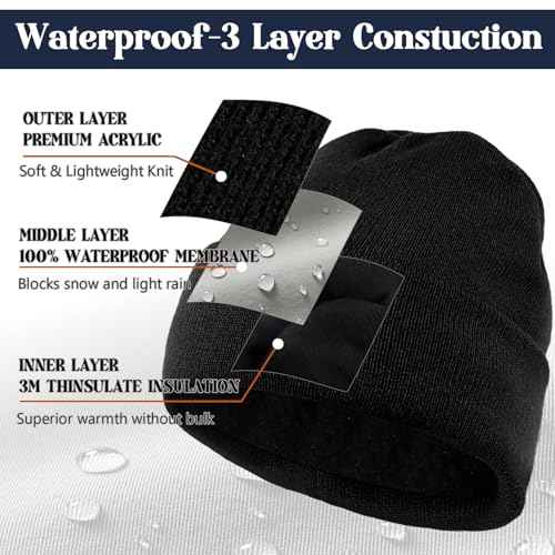 Waterproof Winter Fleece Lined Beanie Hat for Men Women Warm Knit Cuffed Beanie Thick Skull Cap Unisex Windproof Watch Hat