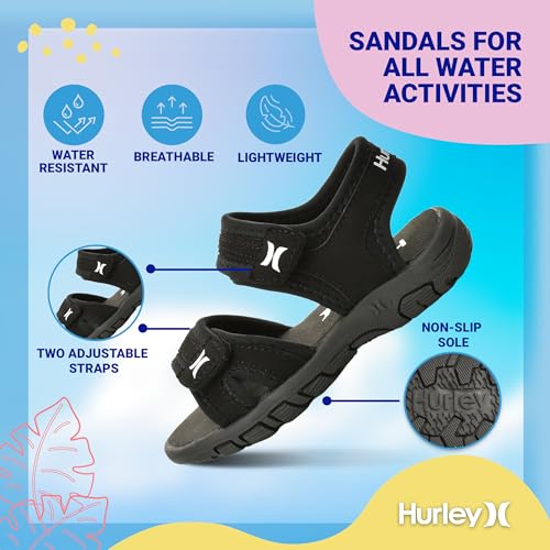 Hurley Toddler Water Shoes Big Kid Black Open Toe Beach Sandals - Lightweight & Breathable