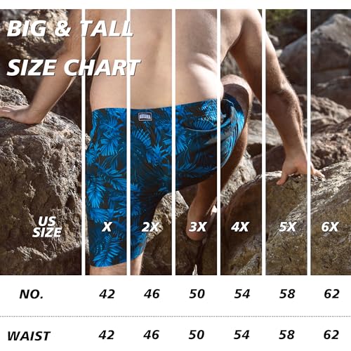 Big and Tall Men's Swim Trunks with Compression Liner - Black Blue Tropical, 42
