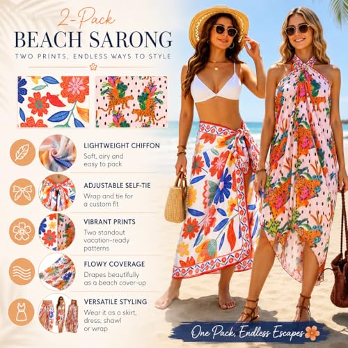 Women Sheer Beach Sarong with Tropical Floral Print - Long Bikini Cover Up, Multicolor
