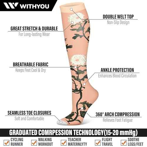 WITHYOU 3 Pairs Compression Socks for Women & Men 15-20 mmHg,Best Support for Nurses Running Hiking