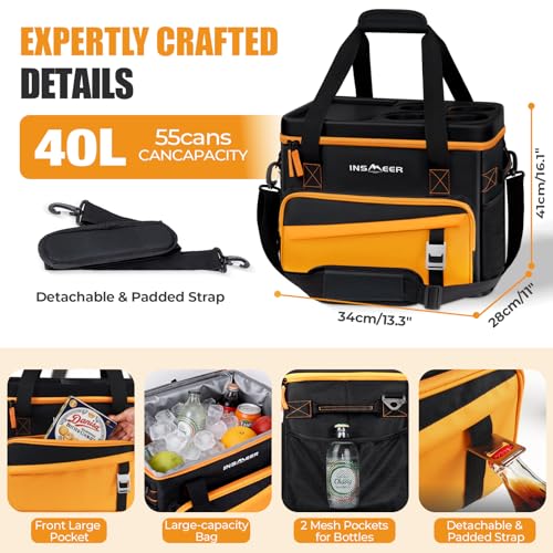 INSMEER Collapsible Cooler with Hard Shell & 4 Cup Holders - Orange, 55 Cans