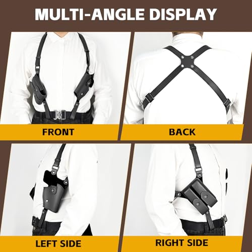 Universal Shoulder Holster for Men Adjustable Leather Gun Holster for Concealed Carry with Double Magazine Pouch Fits 1911, Glock 17/19/23, and Most Pistols (Right Hand Use)