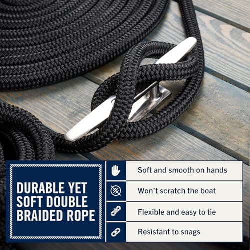 RainierSupplyCo 15' x 3/8 Inch Double Braided Nylon Dock Lines 4-Pack with Loops - Black
