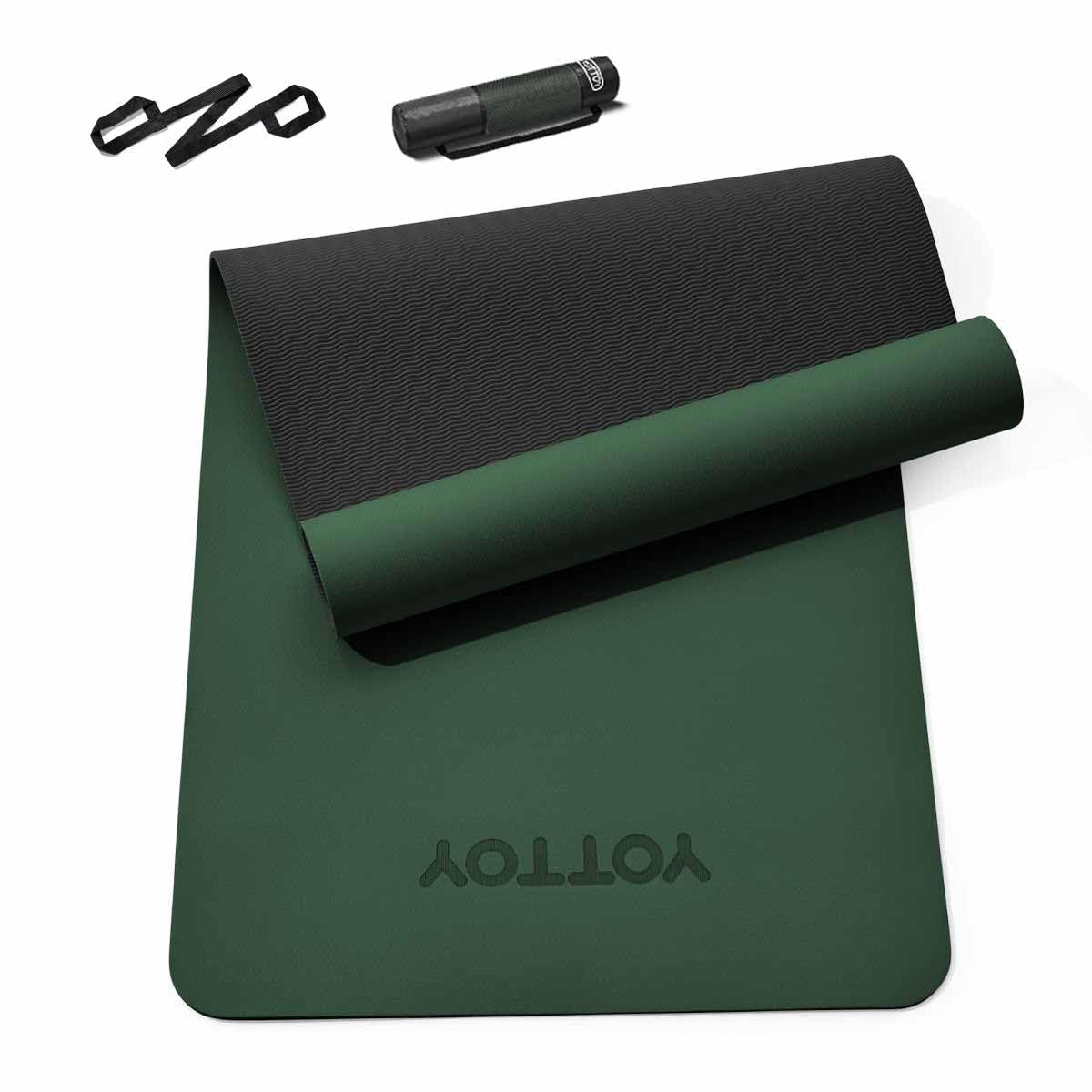YOTTOY Yoga Mat, Non-Slip TPE Exercise Mat (1/4 Inch) for Pilates, Fitness & Barefoot Workouts, Home Gym Studio with Strap & Bag (Green, 24 * 0.24 Inches)