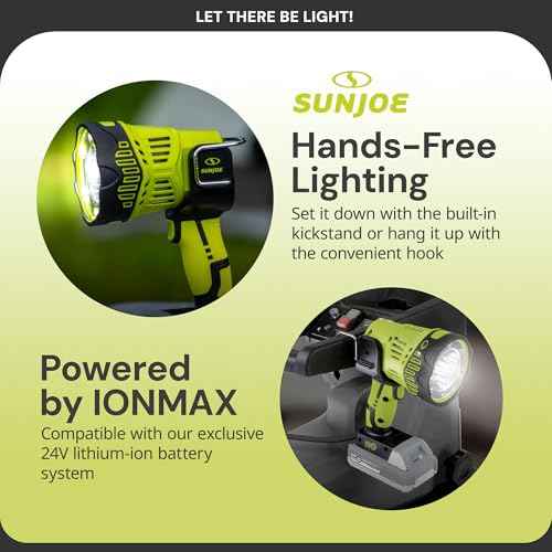Sun Joe 24V-1500FL-LTE-P1 24V IONMAX Cordless 1500-Max Lumen LED Handheld Flashlight/Spotlight/Floodlight, 700-Yard Illumination, 90-Degree Pivot Head, Belt Hook, w/ 2.0-Ah Battery and Charger