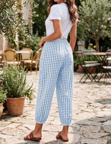 Women's Plaid Pants with Pockets Casual Button Capris Elastic Waist