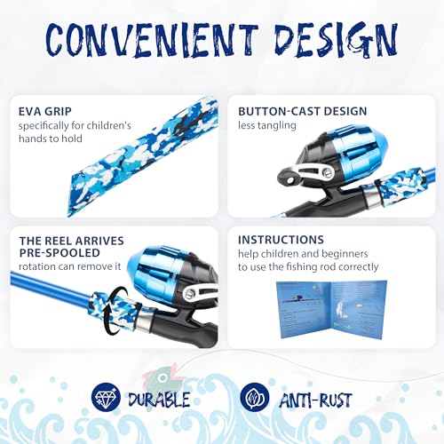 Kids Fishing Pole with Reel - Blue Beginner Kit for Boys Girls Ages 3-12
