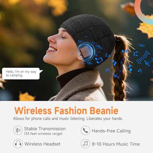 Bluetooth Beanie Hat, Women Rechargeable Headphone Beanie Cap, Windproof Winter Knit Cap, Crystal Clear Hands-Free Calling, Immersive Music Playback