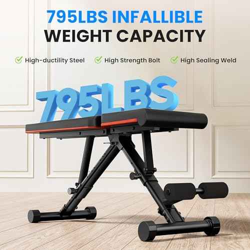 Adjustable Weight Bench 795LB Capacity Foldable Workout Bench Press for Home Gym, Full Body Exercise and Strength Training, Lifting Sit-up Incline Decline Flat Utility Bench, 2 Sec Fast Folding