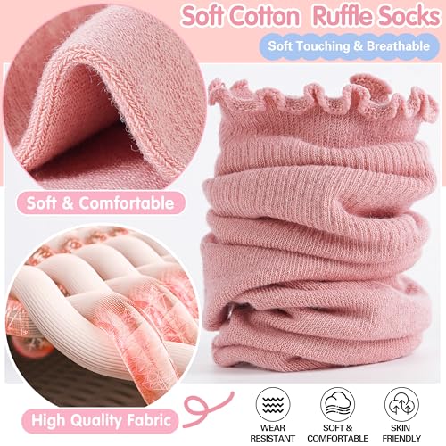 Kids Girls Ruffle Socks 6 Pairs Uniform School Dress Frilly Cotton Crew Pink/Light Pink/White/Off White/Khaki/Grey 5-8 Years