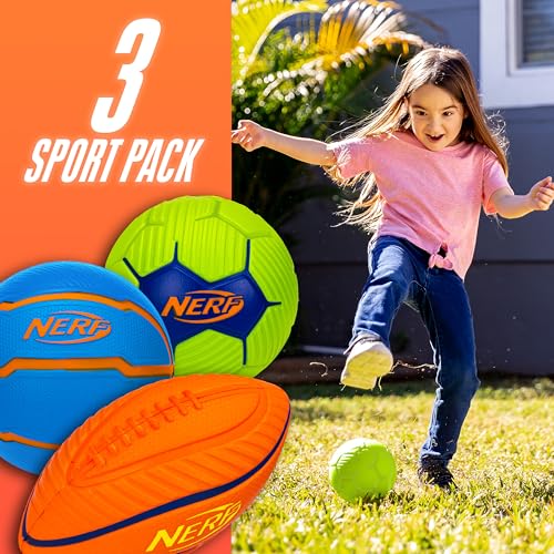 Nerf Mini Foam Sports Ball Set - 3 Pack, Orange Green Blue, Indoor Outdoor Play