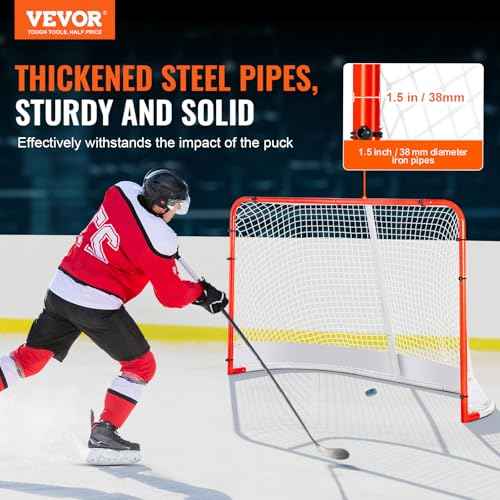 VEVOR Street Hockey Net, Indoor Outdoor Steel Hockey Goal, Official Regulation Pro Hockey Training Goal Set, Portable Hockey Goal with Net, Easy Assemble, 72" x 48", White/Red