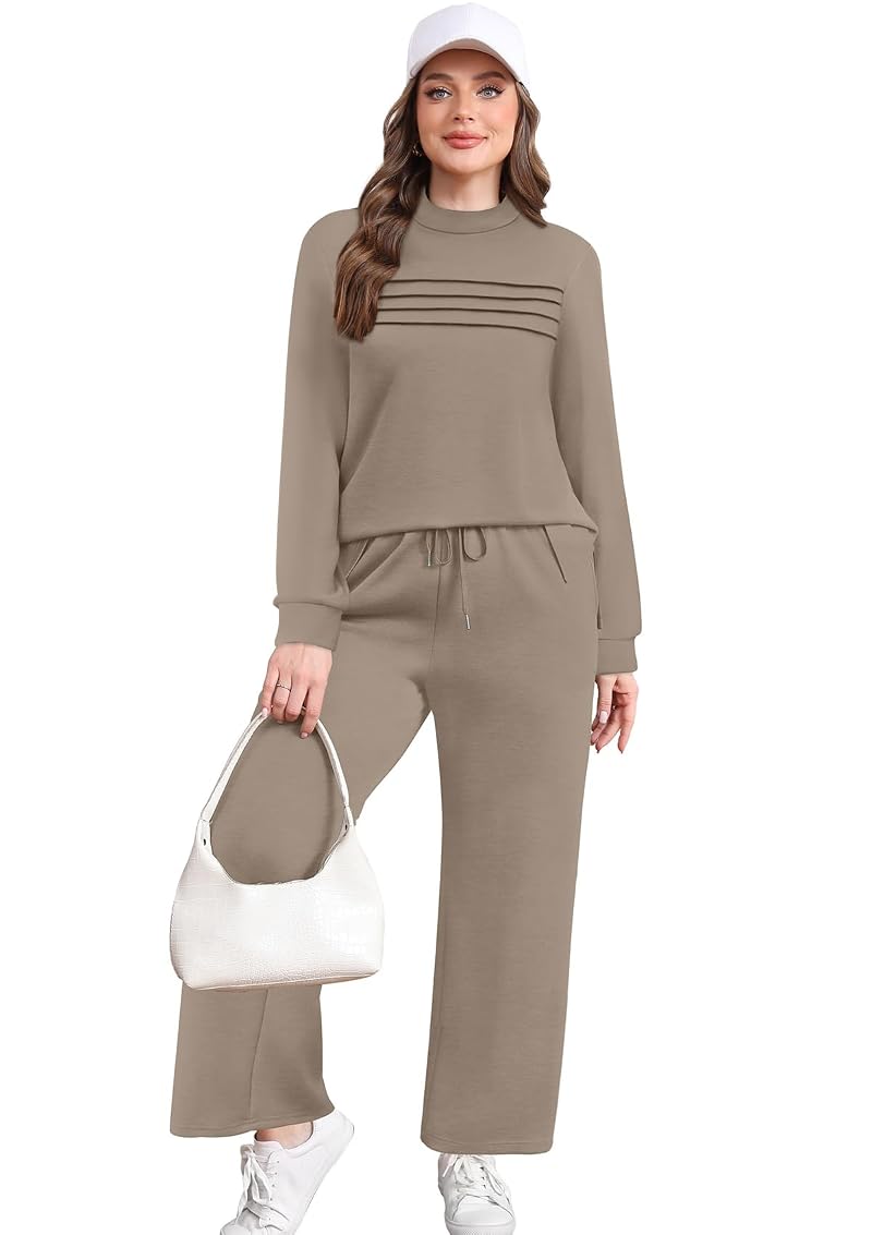 WIHOLL Two-Piece Lounge Set for Women – Long Sleeve Top & Wide Leg Pants, Side Slit, Travel/S Vacation Outfit, Variation: A Coffee+Large