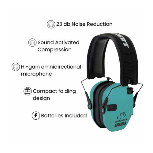 Walker's Razor Compact Electronic Ear Muff (Teal) for Youth and Women with (2-Pack) AAA Batteries Bundle with Protective Case (2 Items)