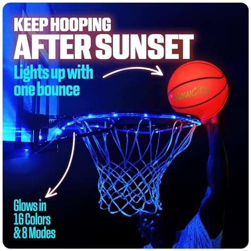 GlowCity Size 7 Glow in The Dark Basketball with Rim Light Set, 29.5-inch Rubber Ball, Pump Included