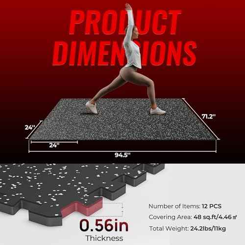 SUPERJARE 0.56'' Thick 12 Pcs 48 Sq Ft Rubber Top Exercise Equipment Mats, High Density EVA Foam Mats with Rubber Top, Interlocking Gym Flooring for Home Gym, Protective Workout Mat, Black/Grey
