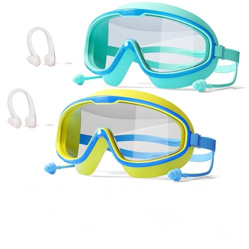 NEWFLAG 2 Pack Swim Goggles,Kids Swimming Goggles,Wide View Anti-Fog/UV No Leaking Swimming Goggles for 3-14(Blue Yellow+Blue Green)