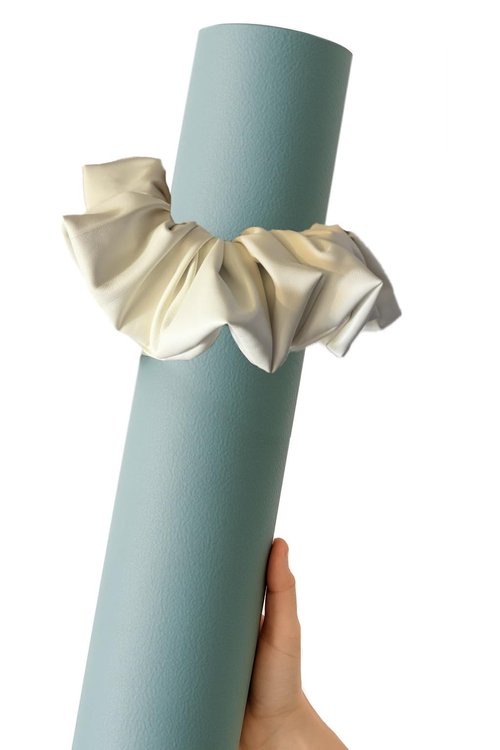 Yoga Mat Scrunchie - Securely Holds Your Yoga Mat in Style - Made With Durable & Luxurious Stretch Faux Leather - Fits All Standard Yoga Mats (mat not included) (Leatherette Light Cream)