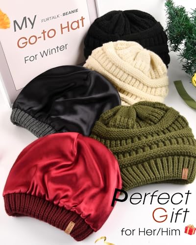 FURTALK Womens Slouchy Winter Beanie Knit Hat Satin Lined 3 Pack - Black, Green, Beige
