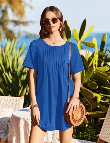 Ekouaer Women's Swimsuit Coverup T-Shirt Dress with Pockets - Blue, Large